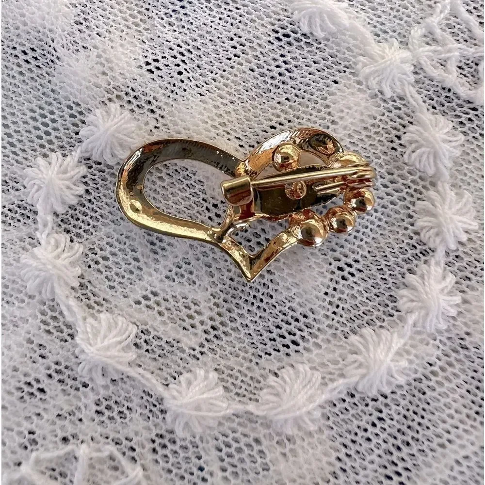 Dainty Gold & Rhinestone Heart Pin Brooch